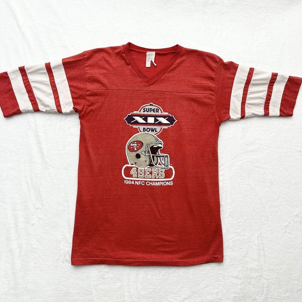 Logo 7 Shirt Medium 49ers Red Super Bowl XIX NFL NFC Stripe Sleeves 80s Sports